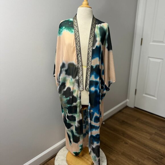 Sukiso Women's Goddess Kimono in Tan Teal Tie Dye - Picture 1 of 14